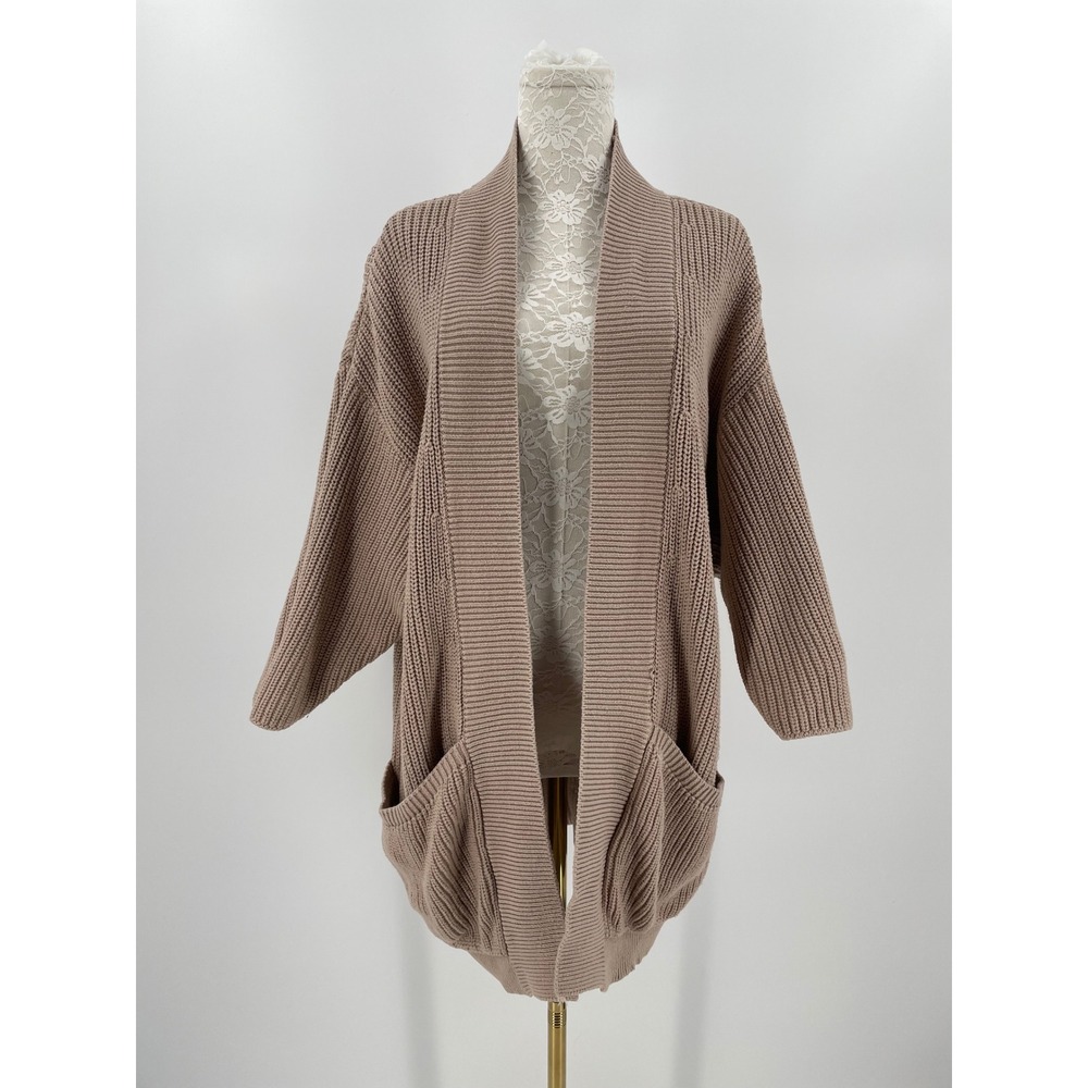 PACT Organic Cotton Chunky Knit Cardigan XS S Taupe Open Front Pockets